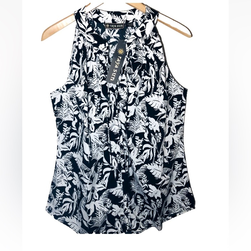 Raya Sun Top Size M Black & White Tropical Flora Exotic Bird Print New with Tags
